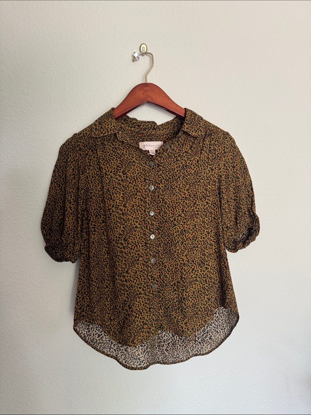 Philosophy Olive Green and Black Leopard-Print Button-Up Blouse